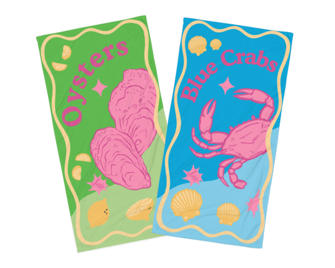 Coastal Catch Beach Towel Bundle – Blue Crabs & Oysters (Set of 2)